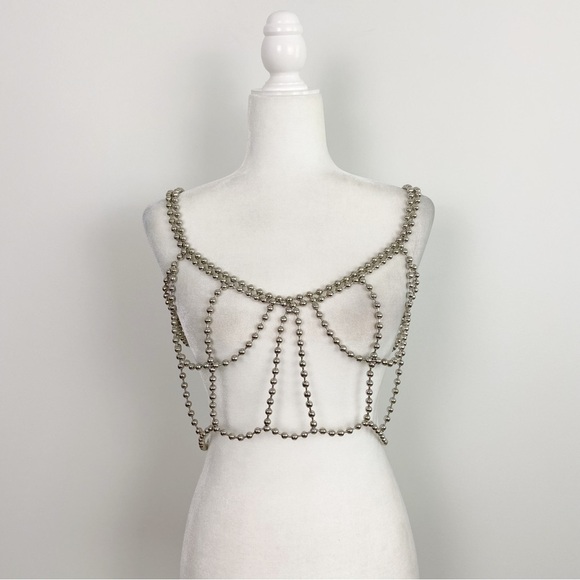 NBD Ball Chain Cropped Tank in Silver - Picture 3 of 8